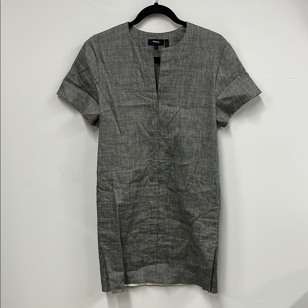 Theory Gray Sheath linen Mini Dress with V-neck P